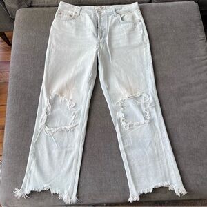 Free People‎ We The Free Wide Leg Cropped Jeans Raw Hem Knee Rips Light Wash 30